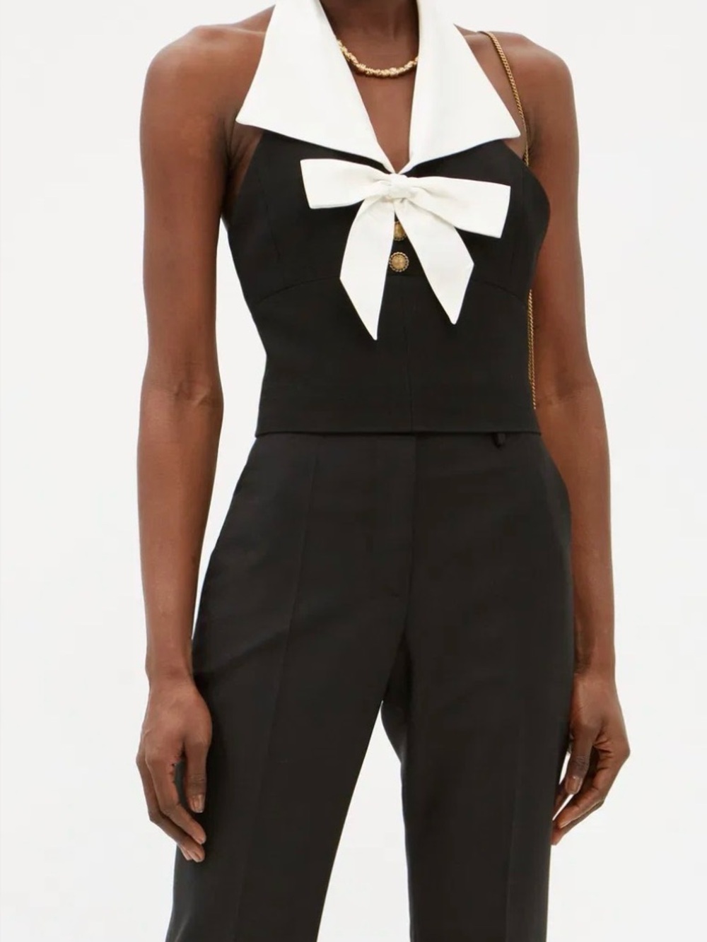 SAINT LAURENT PARIS YSL Silk Collar Tuxedo Halter Top Black/White Size S⁠